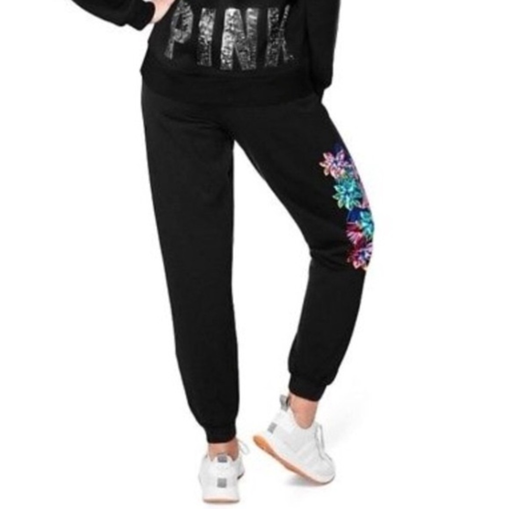 Pink Victoria’s Secret Classic Joggers Tropical Hibiscus Floral Bling Size Small